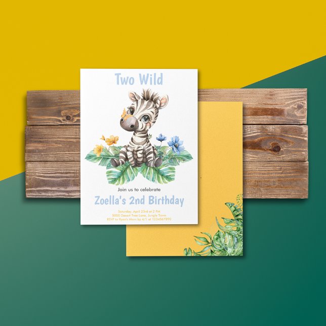 Convites Zebra Safari, Partido da Selva (Safari Jungle Watercolor Zebra Yellow Blue Flowers Greenery Birthday Invitation)