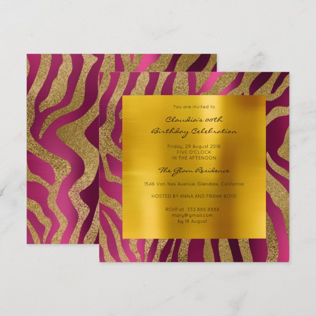 Convites Zebra Safari Pele Animal Pele Raspberry Mostarda D (Frente/Verso)