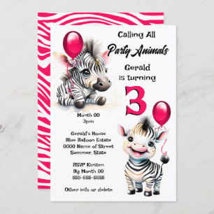 Convites Zebra selgle safari tema rosa listras pretas
