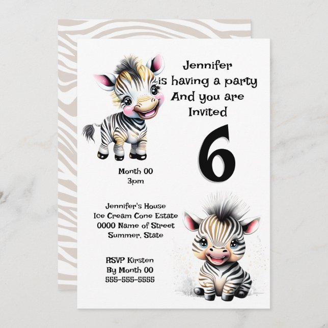Convites Zebra selva safari temática QUALQUER Idade Imprimí (Frente/Verso)