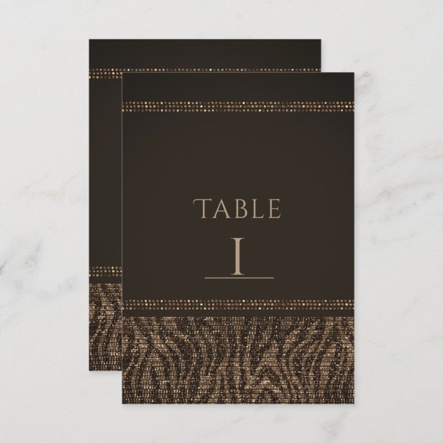 Convites Zebra Sparkle Brown Dourado Glam Chic Table Number (Frente/Verso)