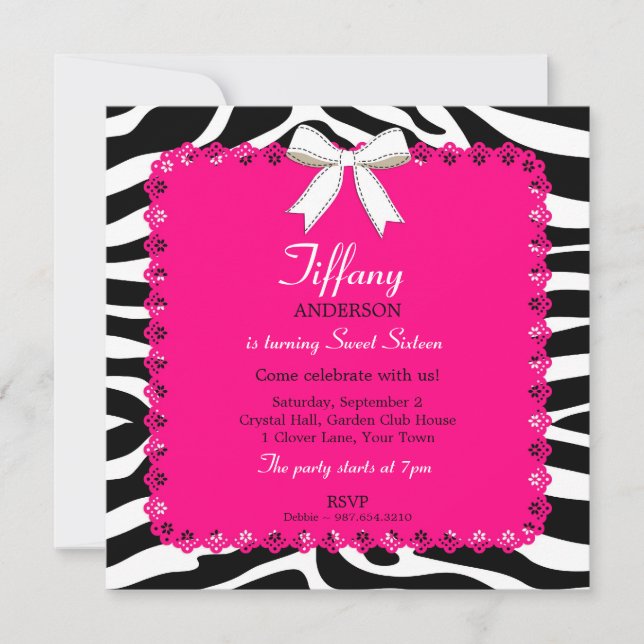 Convites Zebra Stripes com Lace Rosa Quente Sweet 16 Aniver (Frente)