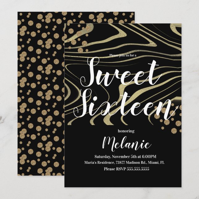 Convites Zebra Sweet 16 Brilho Falso Dourado e Geo Folheado (Frente/Verso)