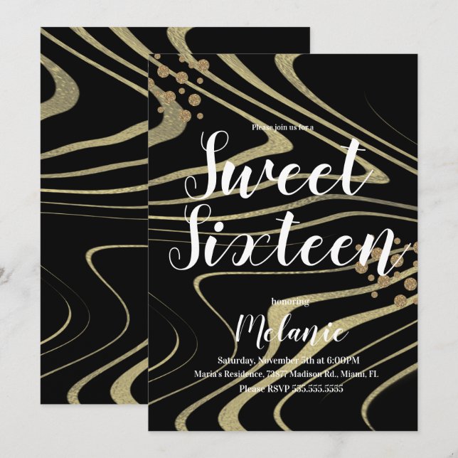 Convites Zebra Sweet 16 Glitter Faux Dourado e Foil Geo (Frente/Verso)