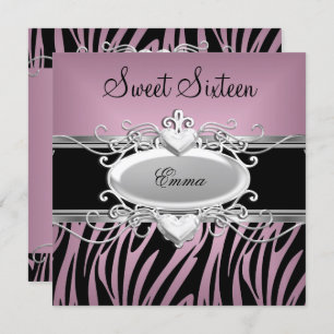 Convites Zebra Sweet 16 Partido Prateado Rosa Negro
