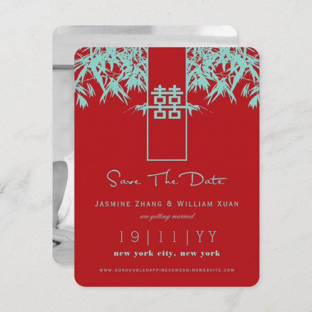 Convites Zen Bamboo Dupla Felicidade Chinesa Salva A Data (Frente/Verso)