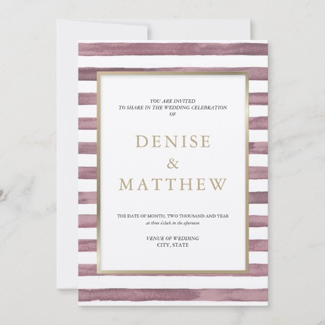 Convites Zephyr Rosa Aguarela Listras & Letreiro Dourado I (Frente)