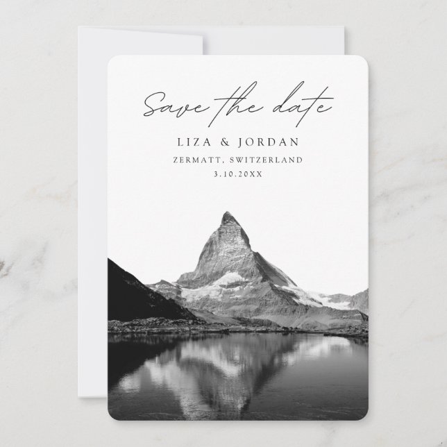 Convites Zermatt Salve a Suiça de data preto e branco (Frente)