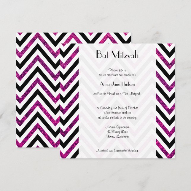 Convites Zigzag Pattern, Chevron, Glitter Rosa, Bat Mitzvah (Frente/Verso)