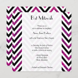 Convites Zigzag Pattern, Chevron, Glitter Rosa, Bat Mitzvah