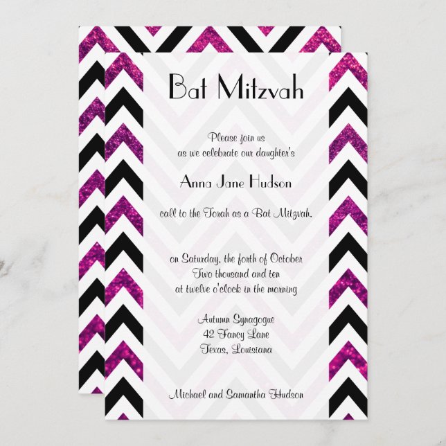 Convites Zigzag Pattern, Chevron, Glitter Rosa, Bat Mitzvah (Frente/Verso)
