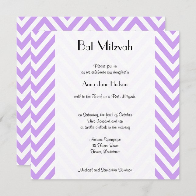 Convites Zigzag Roxo, Chevron Roxo, Bat Mitzvah (Frente/Verso)