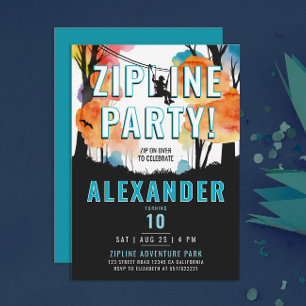 Convites Zipline Colorida Blue Boy Adventure Watercolor