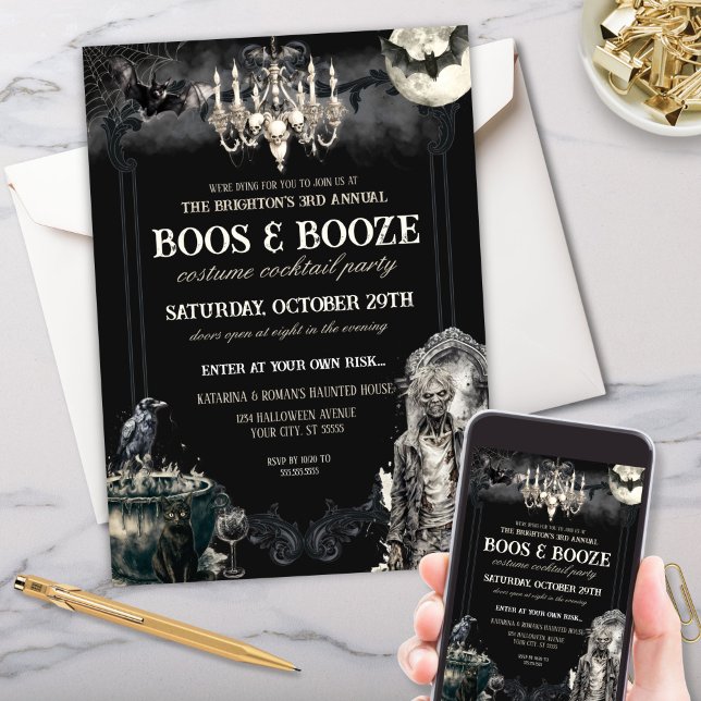Convites Zombie gótica Apocolypse Boos e Booze Halloween (gothic zombie apcolypse theme halloween party invitations for boos and booze halloween soiree)