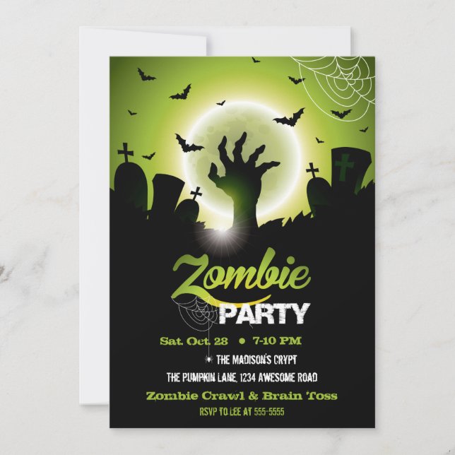 Convites Zombie Graveyard Green Halloween (Frente)