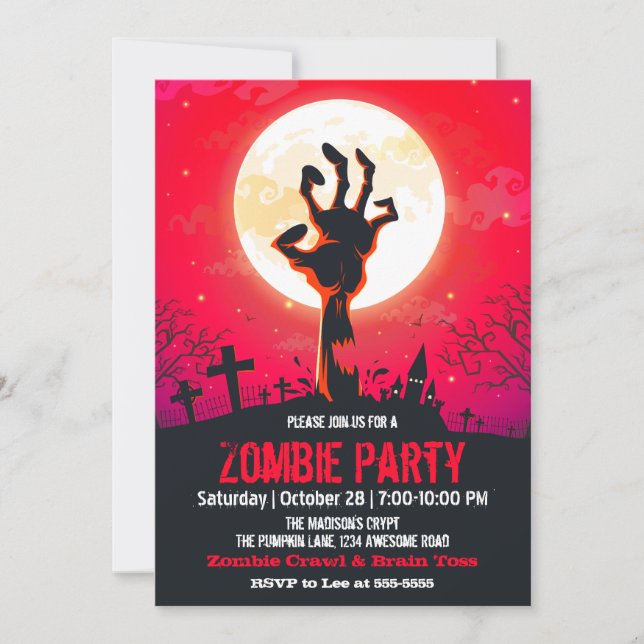 Convites Zombie Graveyard Red Halloween (Frente)