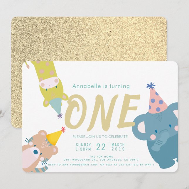 Convites Zoo Animal Elephant Dourado Glitter primeiro anive (Frente/Verso)