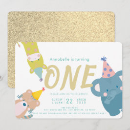 Convites Zoo Animal Elephant Dourado Glitter primeiro anive