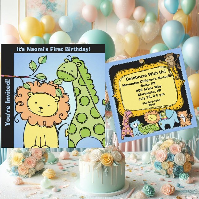 Convites Zoo Animal Giraffe Lion Birthday Convidados Person (Criador carregado)