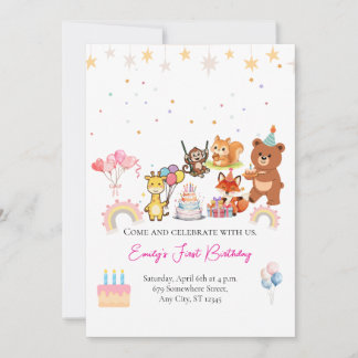 Convites Zoo animals cute first birthday invitation