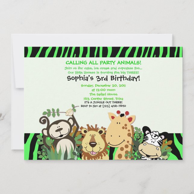 Convites ZOO TRW 5x7 Trendy Zebra Stripe Jungle Party (Frente)