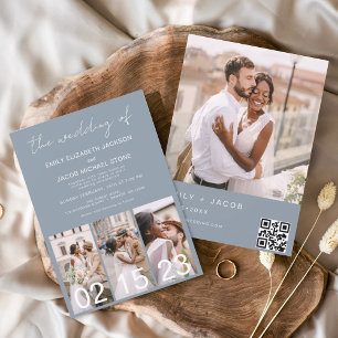 Convocação de Casamento com Código QR Dusty Blue