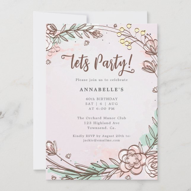 Convocação Moderna, Desenhada À Mão, Flor Cor-de-R (Frente)