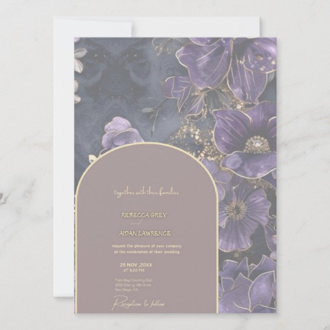 Convocação para Casamento Floral Dourado e Roxo (Frente)