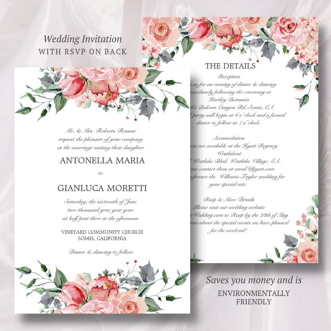 Convocação para casamento rosa em um único convite (This wedding invitation with RSVP and Details saves you money and is environmentally friendly)