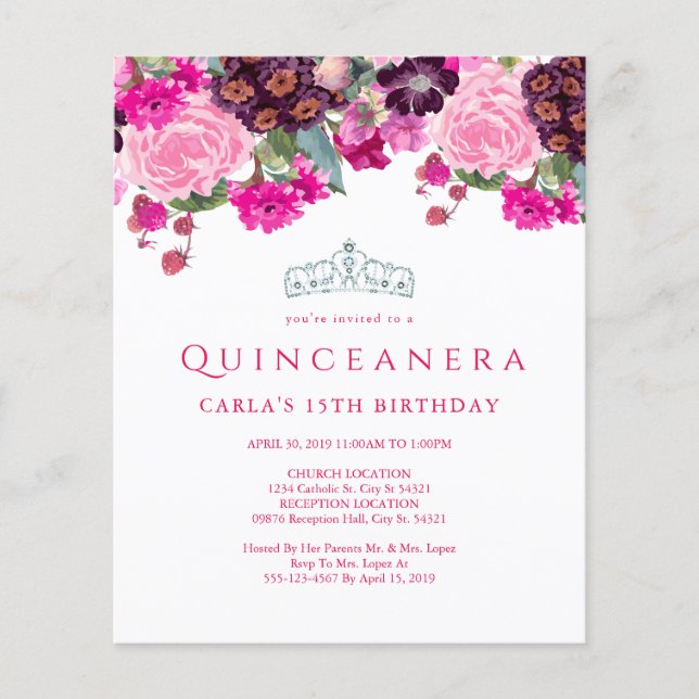 Convocações para Quinceanera Floral Elegante (Frente)