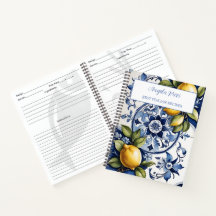 Cookbook com limão de azulejos azuis italianos da