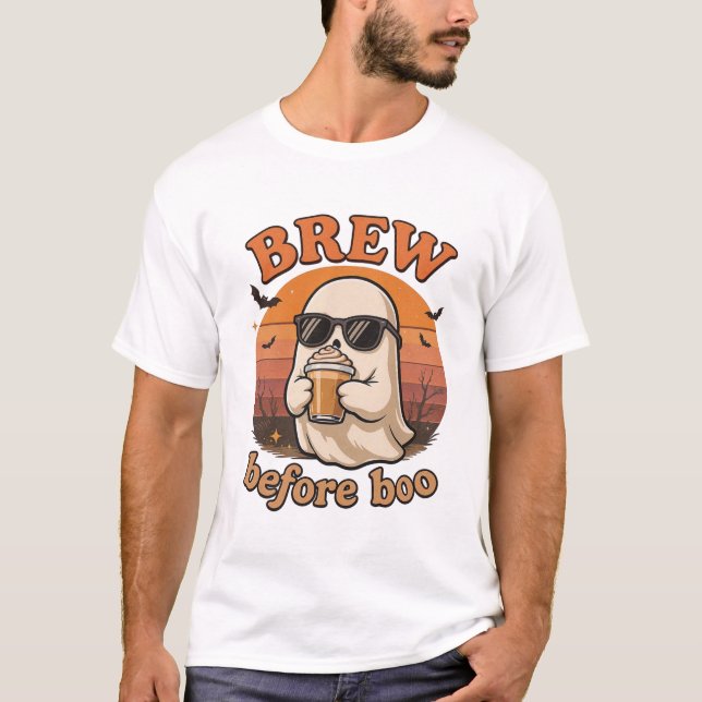 Cool Ghost with Coffee Halloween T-Shirt  (Frente)