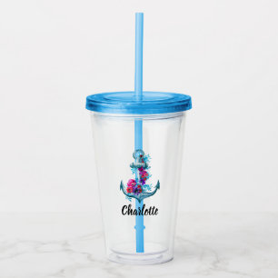Copo De Acrílico Âncora FLORAL Náutica Personalizada