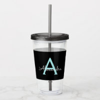Aqua Teal Blue Script Girly Monographic Name