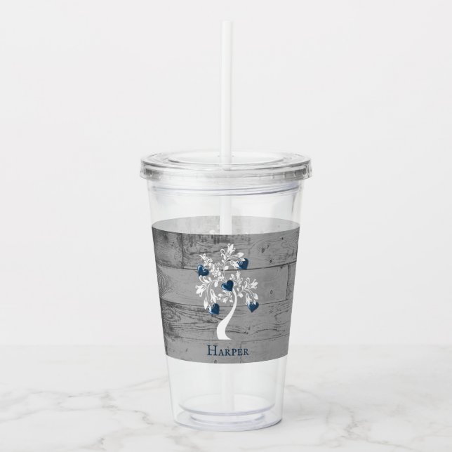 Copo De Acrílico Árvore Azul de Corações Tumbler Acrílico Personali (Frente)