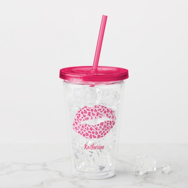Copo De Acrílico Beijo Leopard Rosa - Personalizado (Gelo traseiro)