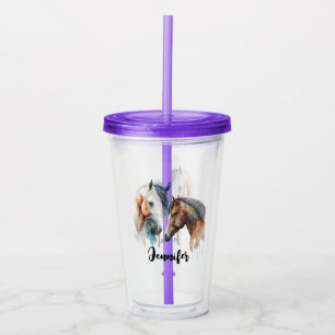 Copo De Acrílico Belos Cavalos Estilo Boho Ocidental