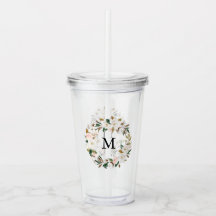 Blush & White Magnolia Watercolor Wreath Monograma