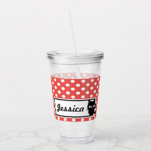 Copo De Acrílico Bolinhas Vermelha e Gato Preto Personalizado