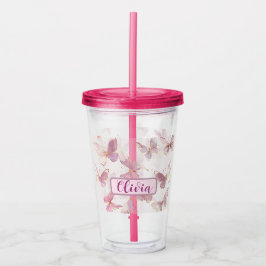 Copo De Acrílico Borboleta rosa-branca - Tumbler acrílico personali