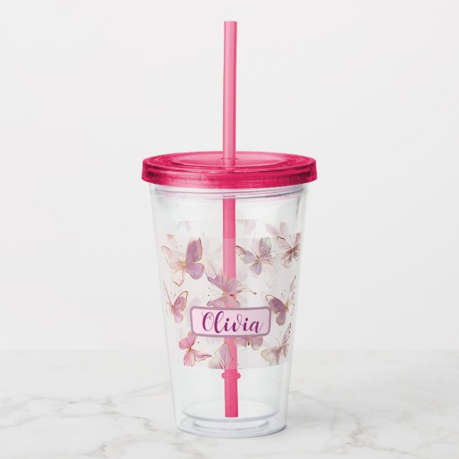 Copo De Acrílico Borboleta rosa-branca - Tumbler acrílico personali (Frente)