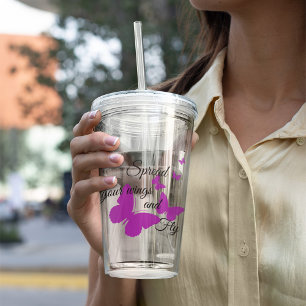 Copo De Acrílico Borboleta Roxa com Mensagem Personalizada