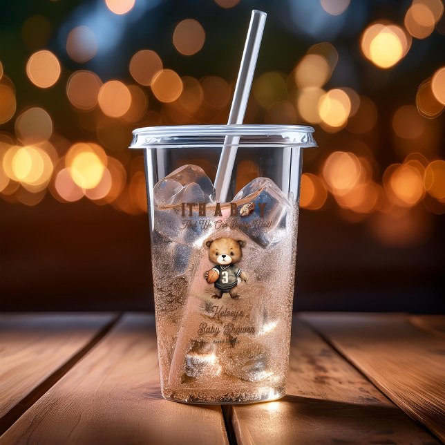Copo De Acrílico Boy Barly Espera Chá de fraldas Americano de Futeb (Teddy Bear Boy "We Can Bearly Wait!" American Football Baby Shower Acrylic Tumbler)