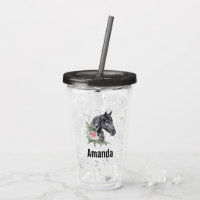 Cabeça Elegante de Cavalo Negro com Flores de Aqua