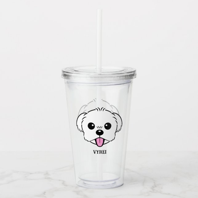 Copo De Acrílico Cachorro Branco Bichon Cachorro Esticando A Língua (Frente)