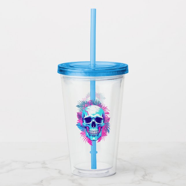 Copo De Acrílico Caveira Floral em Estilo Vaporwave (Frente)