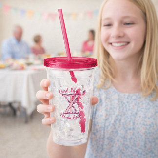 Copo De Acrílico Chi Ro Christian Cross Pink Personalized