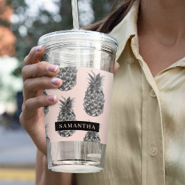 Copo De Acrílico Cinzas Tropicais E Padrão De Abacaxi Rosa Com Nome