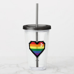 Copo De Acrílico Coração de Pixel Arco-Íris
