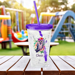 Copo De Acrílico Coruja floral aquarela personalizada
